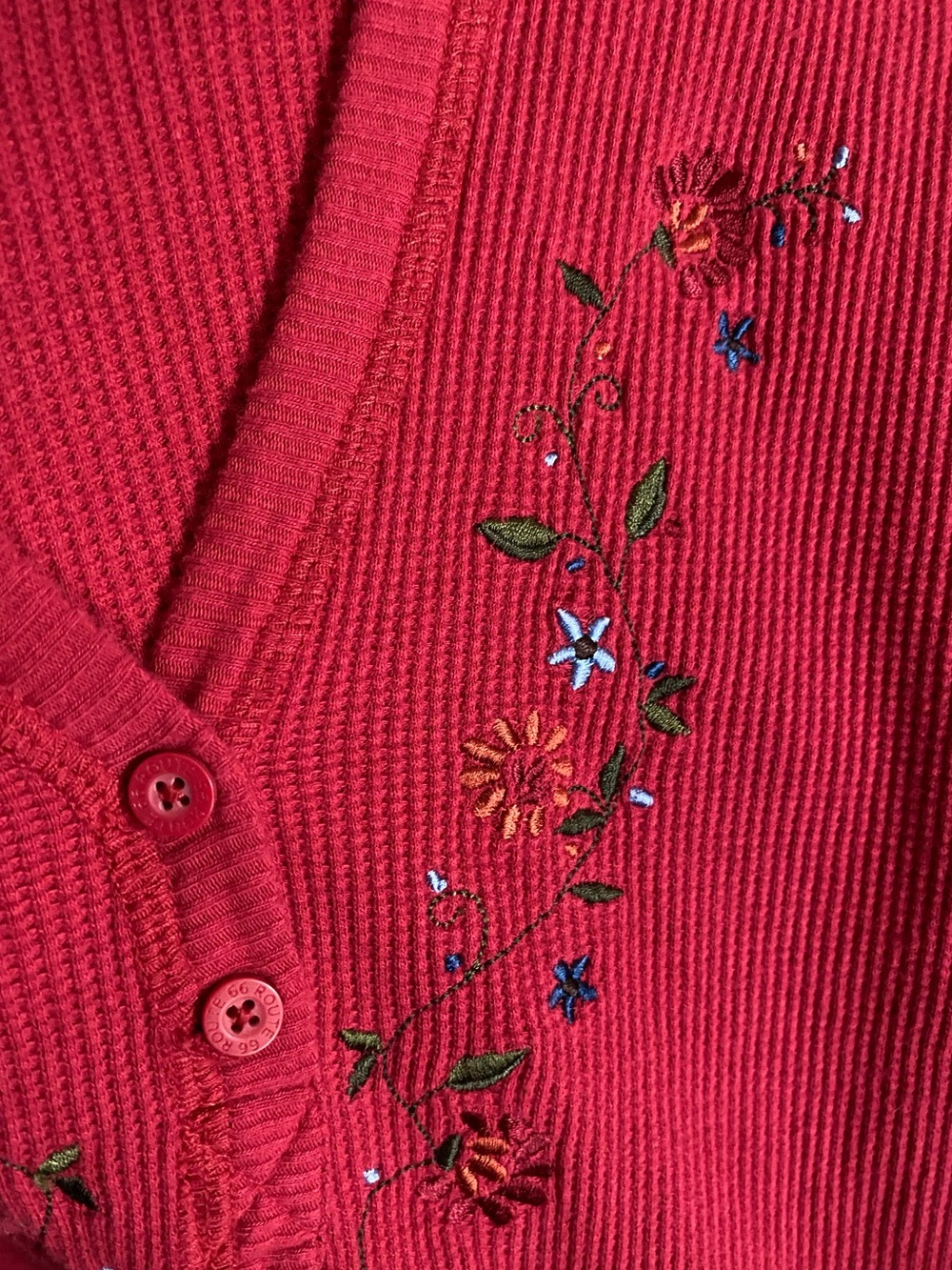 Y2K Red Floral Embroidered Henley Thermal Shirt L Long Sleeve Fairy Grunge Boho - Picture 8 of 9